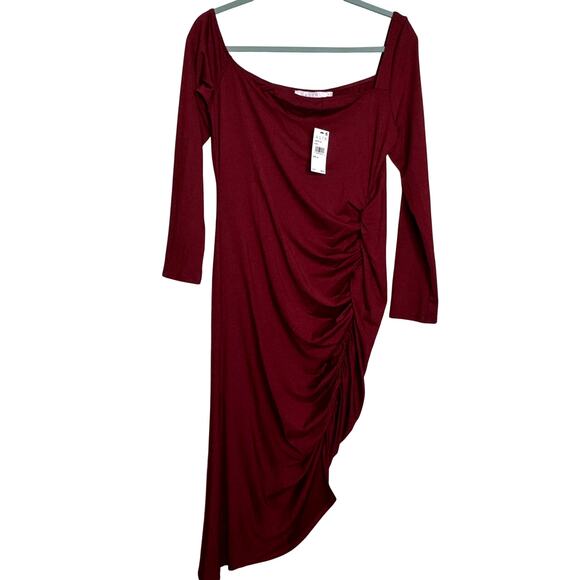 ASTR the Label Winnetka Asymmetric Off the Shoulder Sheath Dress in Wine NWT XL - Picture 2 of 8